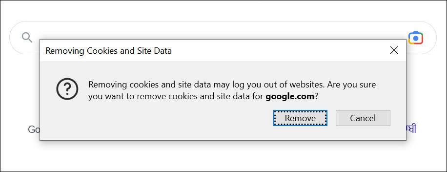 Подтверждение удаления cookie для сайта в Firefox