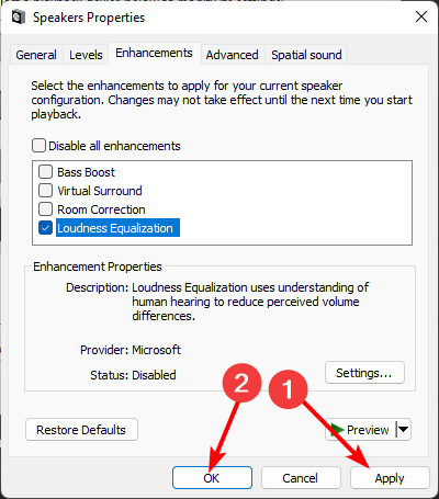 Кнопки 'Применить' и 'OK' в диалоге свойств устройства воспроизведения