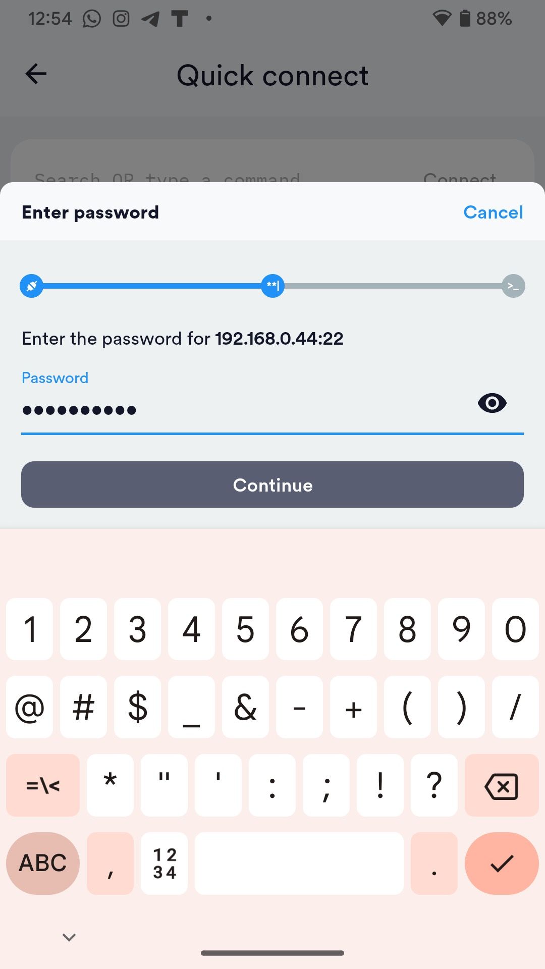 Ввод пароля Mac в Termius при подключении по SSH