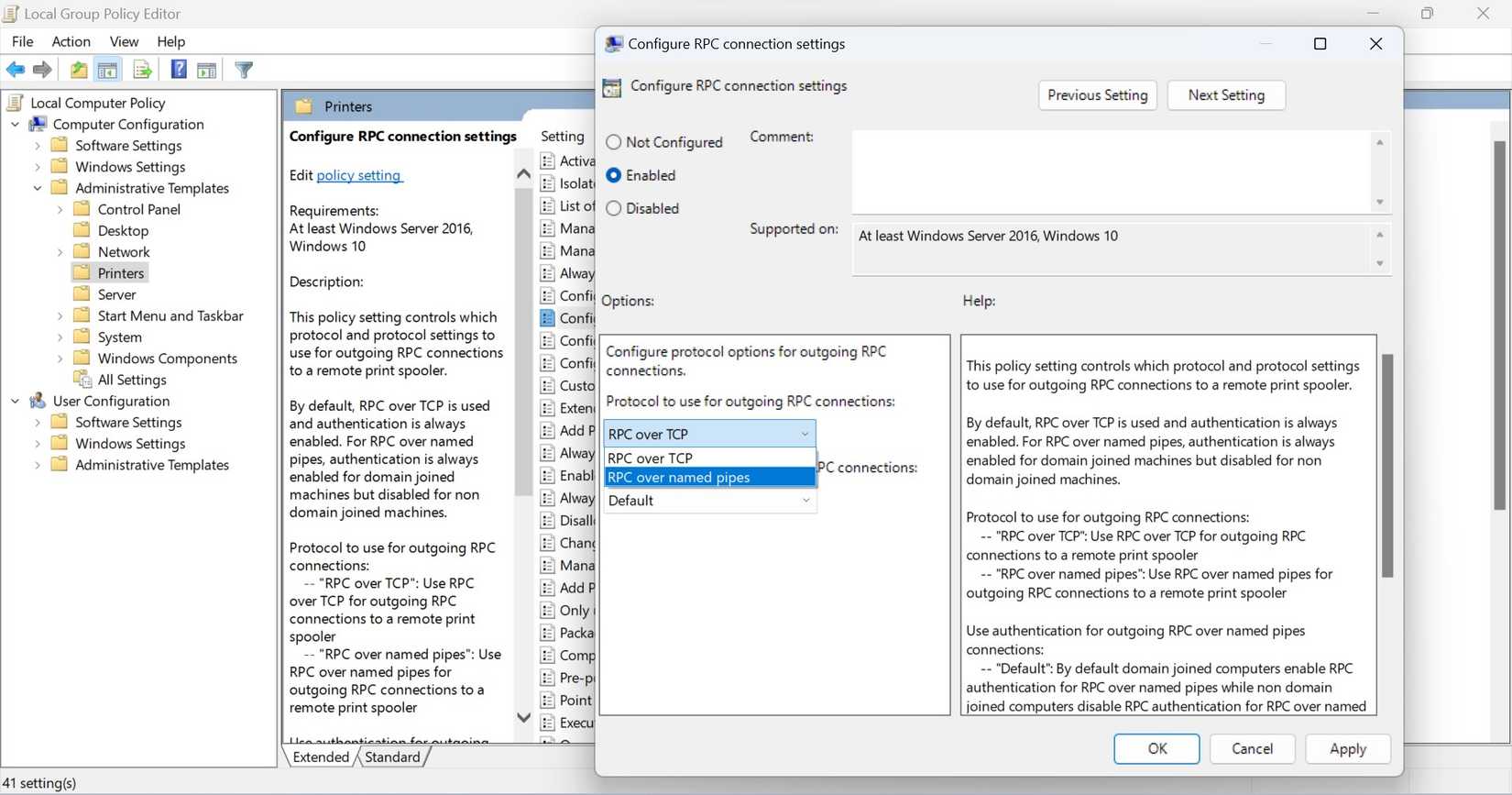 Выбор протокола RPC через именованные каналы в Редакторе локальной групповой политики