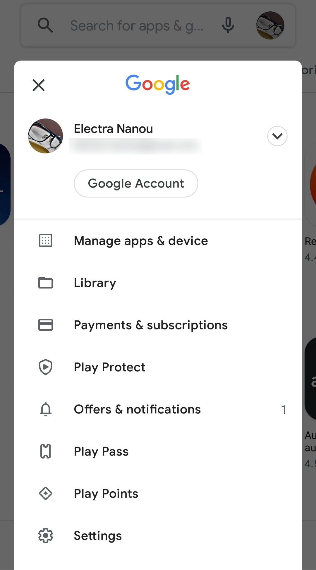 google play profile menu