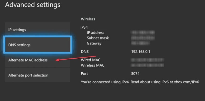 Параметр Alternate MAC address в настройках Xbox One