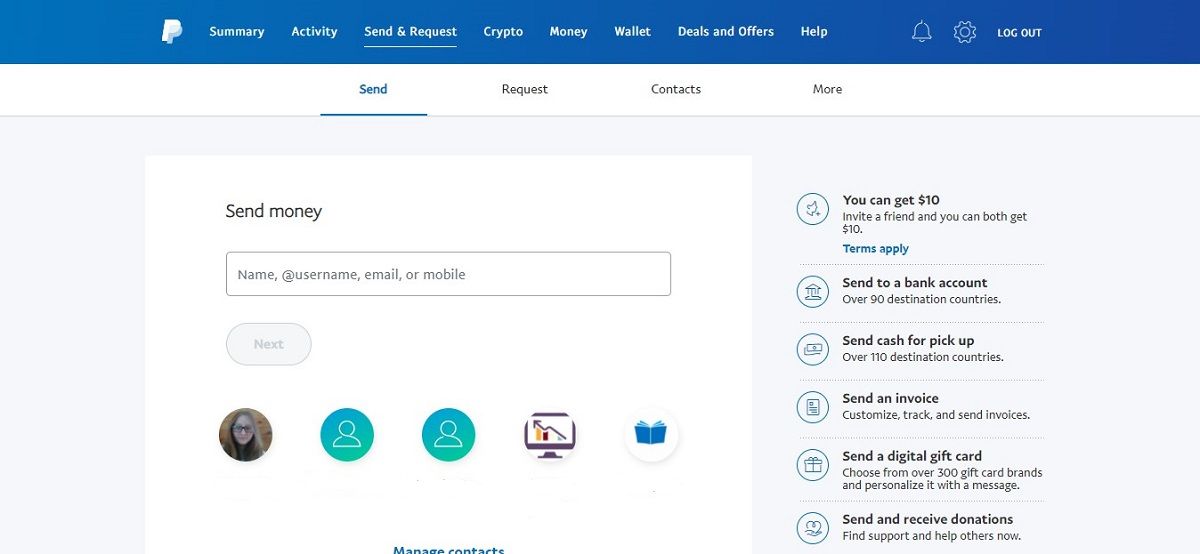 Страница отправки в PayPal с меню опций справа