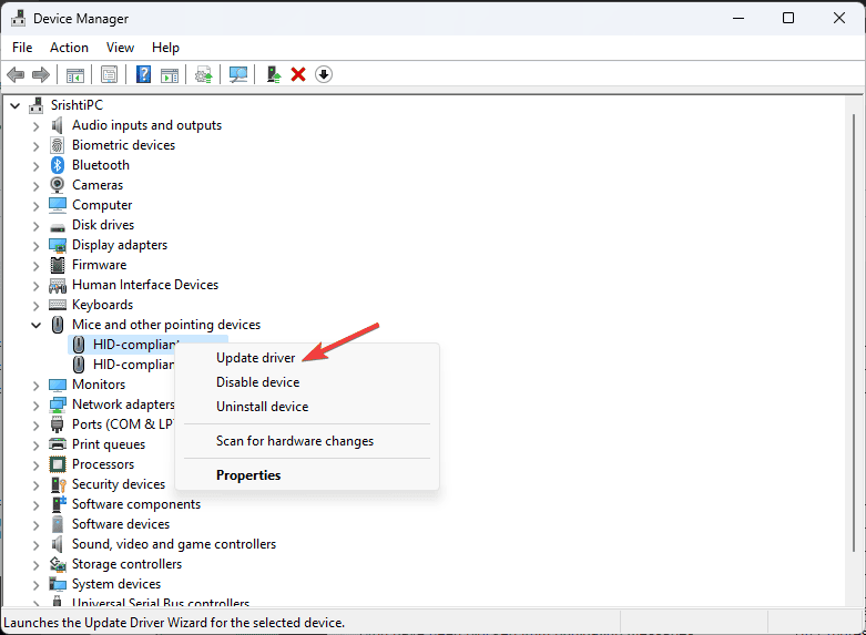 Контекстное меню обновления драйвера в диспетчере устройств