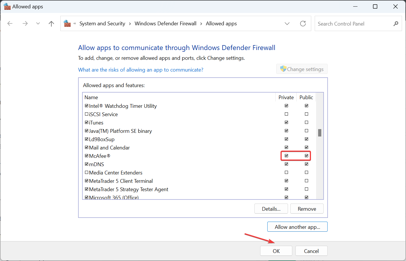 Диалог: подтверждение изменений для mfevtps.exe в настройках брандмауэра