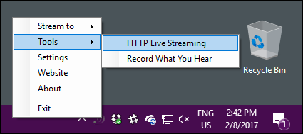 Меню Tools в Stream What You Hear для получения URI HTTP‑потока