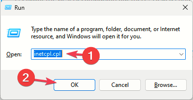 Команда inetcpl.cpl в окне «Выполнить»