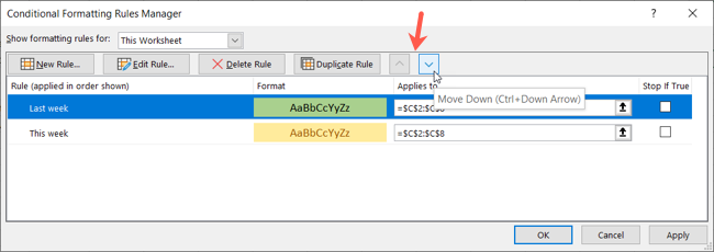Перемещение правила условного форматирования