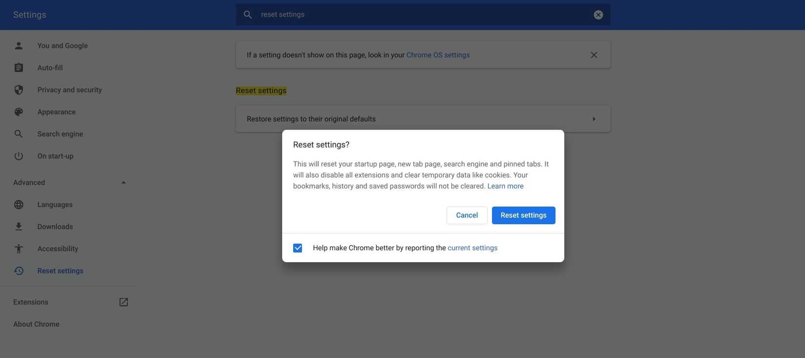 Окно подтверждения сброса настроек Chrome