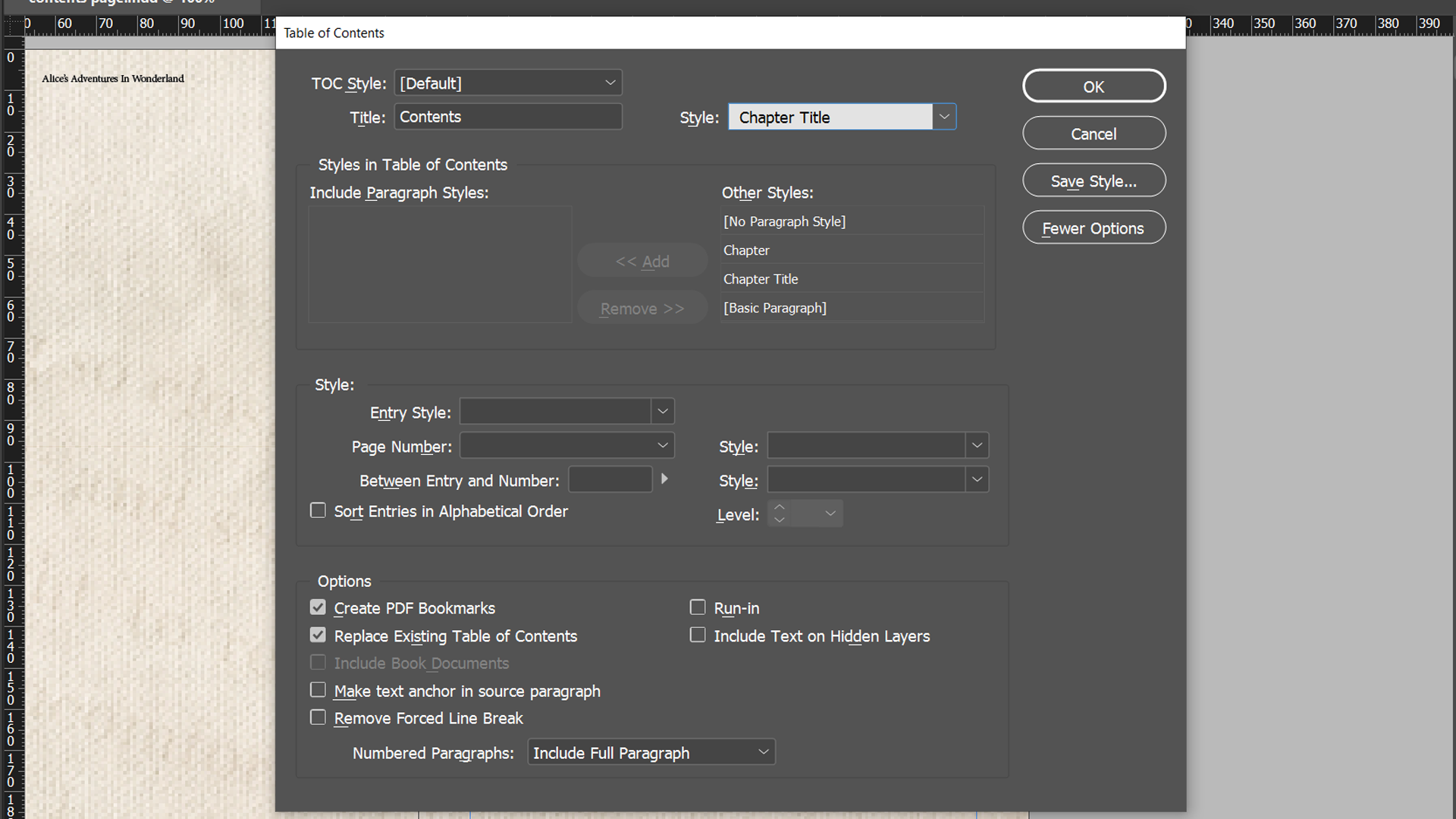 Панель параметров оглавления в InDesign