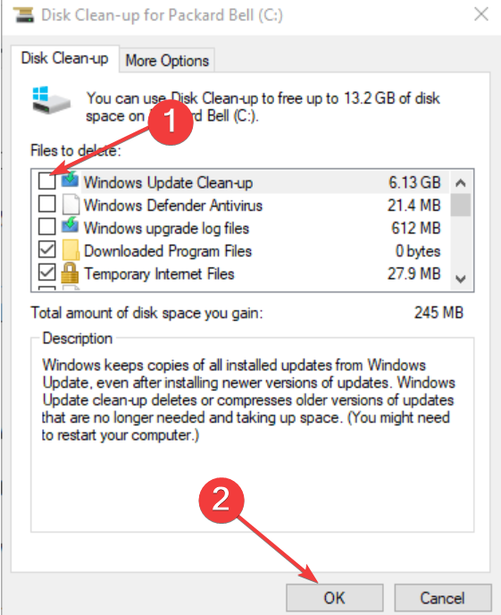 Опция очистки обновлений Windows в Очистке диска
