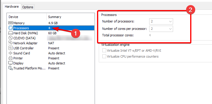 Настройка количества процессоров виртуальной машины