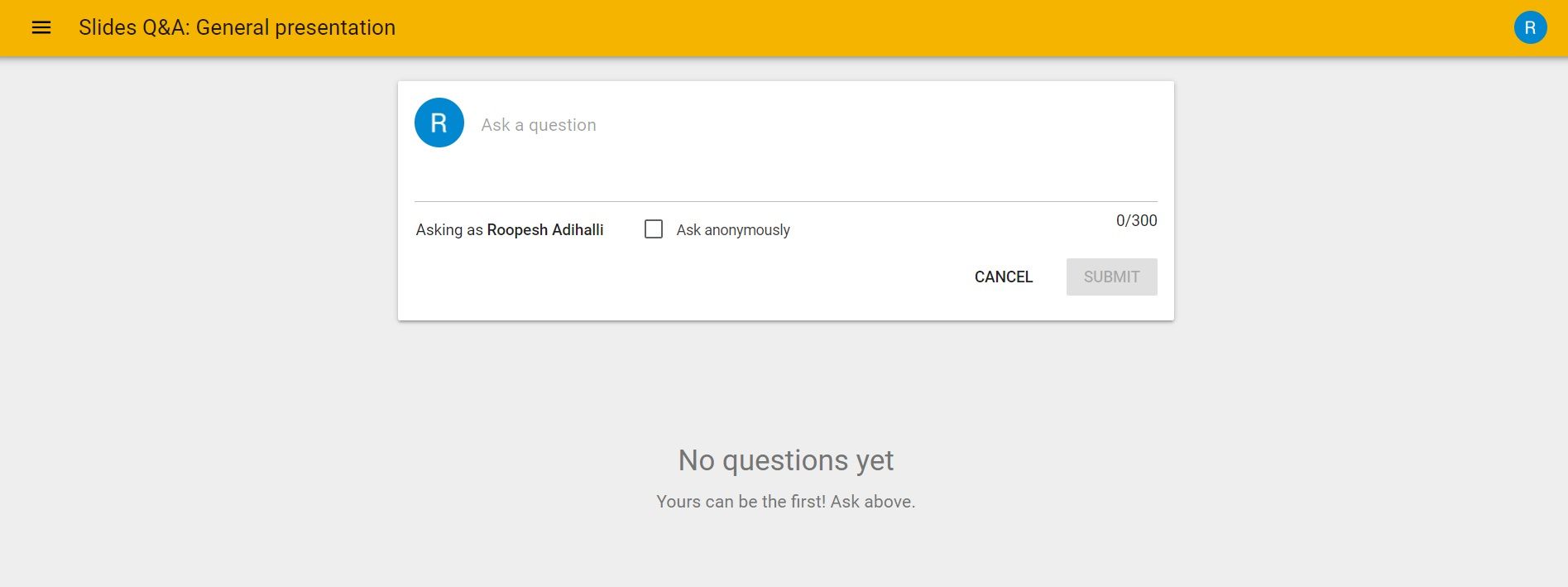 Google Slides Q&A Session Ask Question Link Start Window