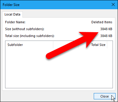Размер папки Deleted Items в Folder Size