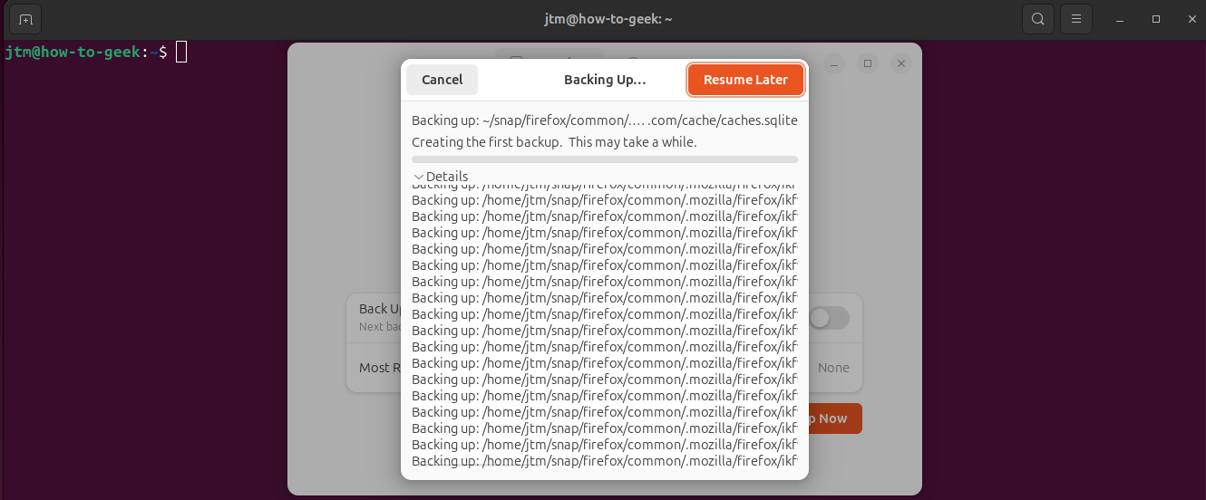 Диалог Deja Dup показывающий первый процесс резервного копирования на Ubuntu
