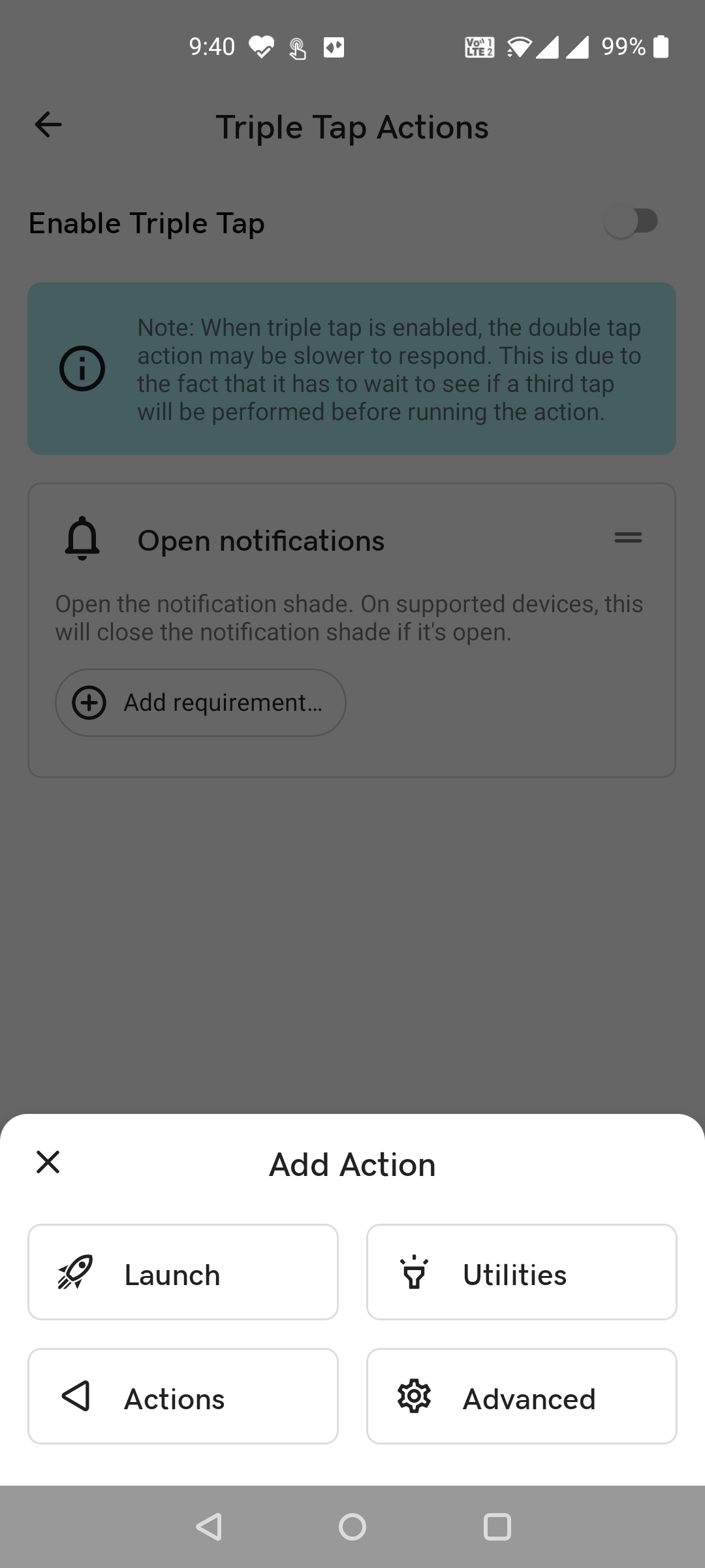 Добавить действие для тройного нажатия