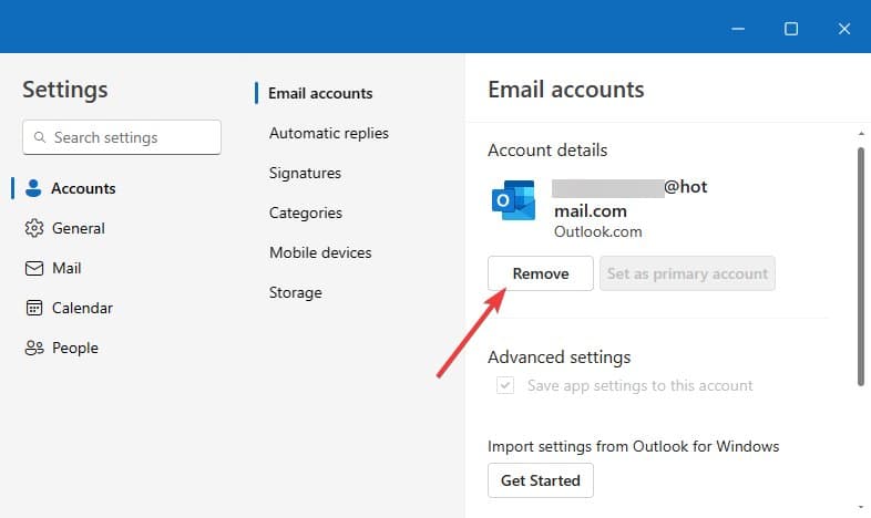Rimozione account in Outlook