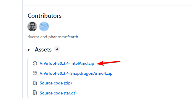 Страница загрузки ViVeTool на GitHub