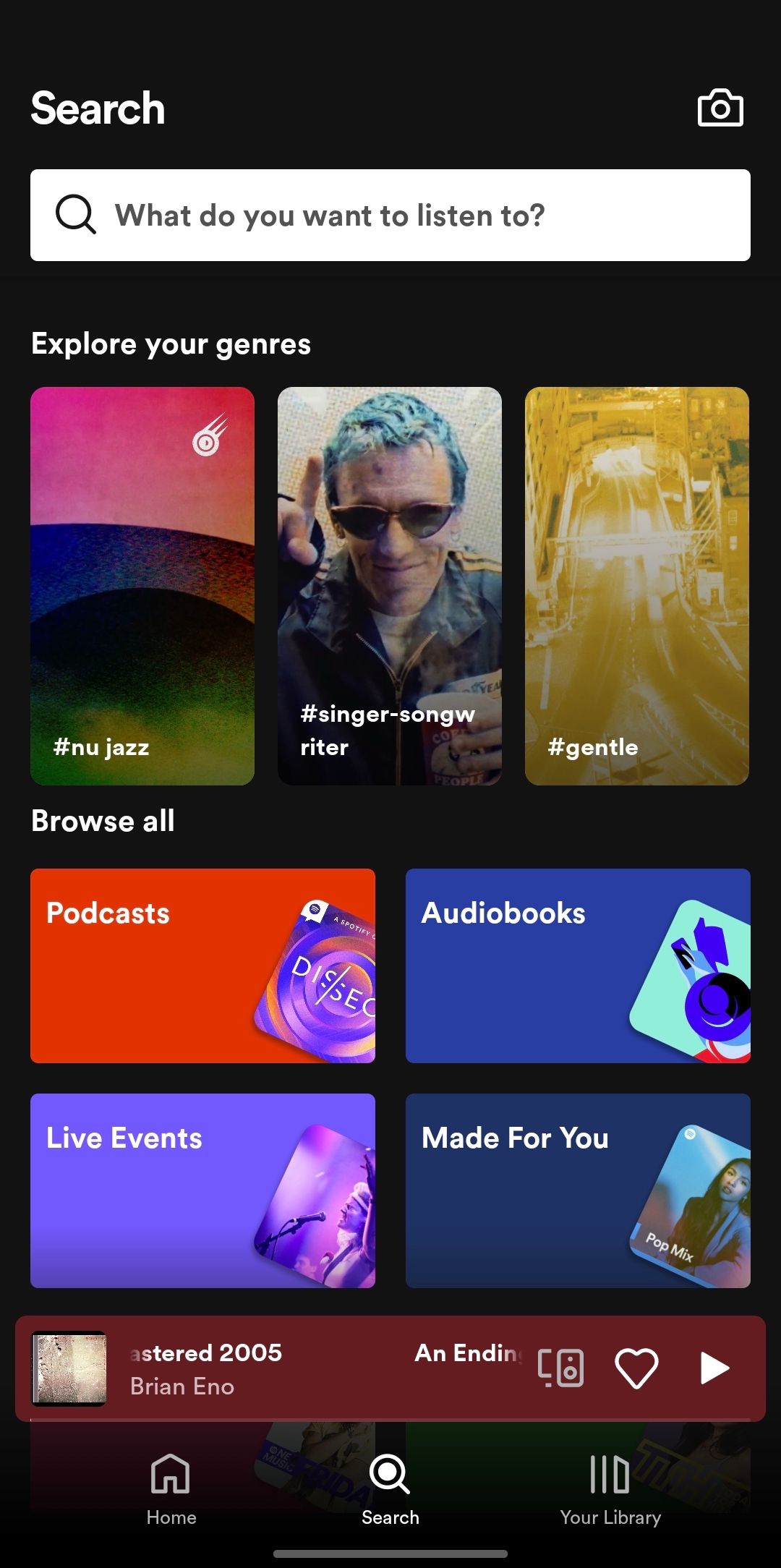 Скриншот страницы поиска в приложении Spotify