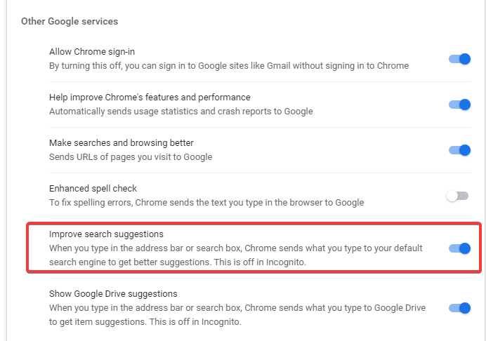Переключатель 'Автозаполнение поисковых запросов и URL' в настройках Chrome