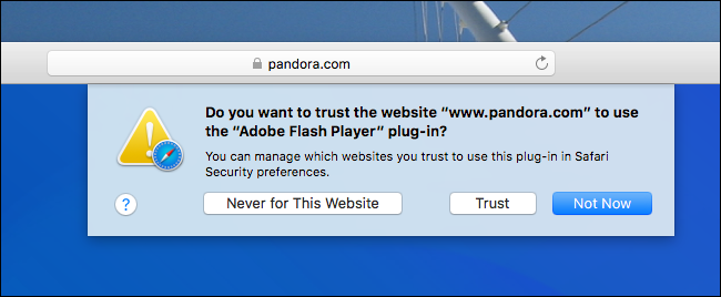 Уведомление Safari с запросом на использование Flash