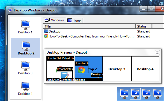 Окна и превью виртуальных рабочих столов в Dexpot