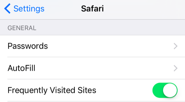 Скриншот настроек Safari на iOS с опцией Часто посещаемые сайты