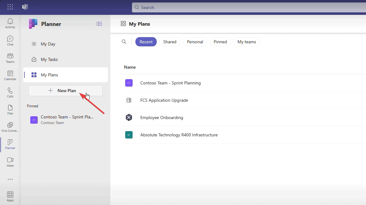 Создание нового плана в Microsoft Planner — кнопка Новый план