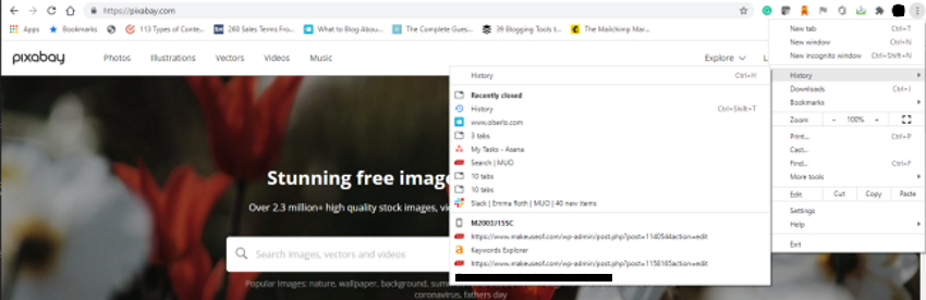 Меню истории Chrome
