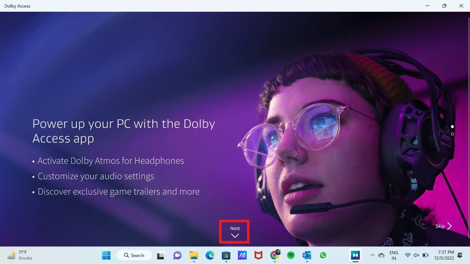 Экран приветствия установки Dolby Access