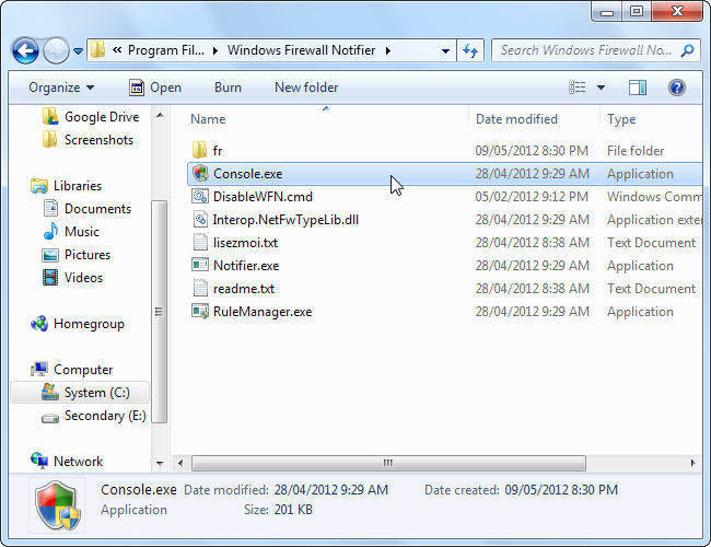 Окно запуска Console.exe для активации уведомлений и интеграции с брандмауэром