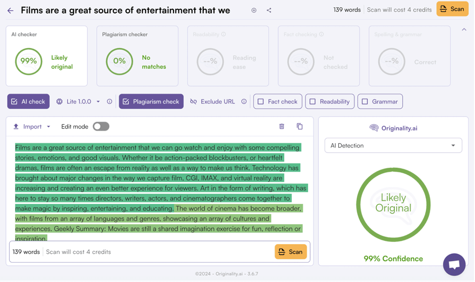 Результат сканирования humanize-версии в Originality.ai с низкой вероятностью ИИ