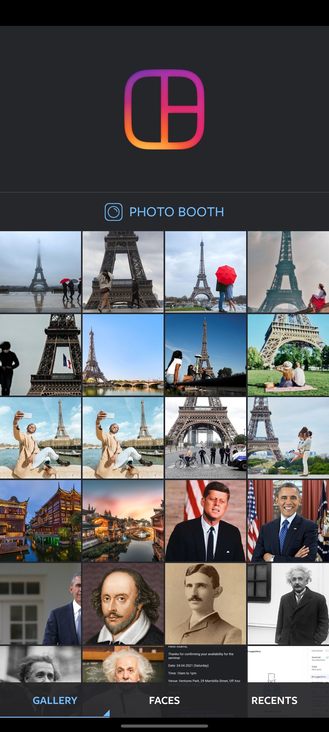 Главный экран приложения Layout с логотипом и миниатюрами фотографий