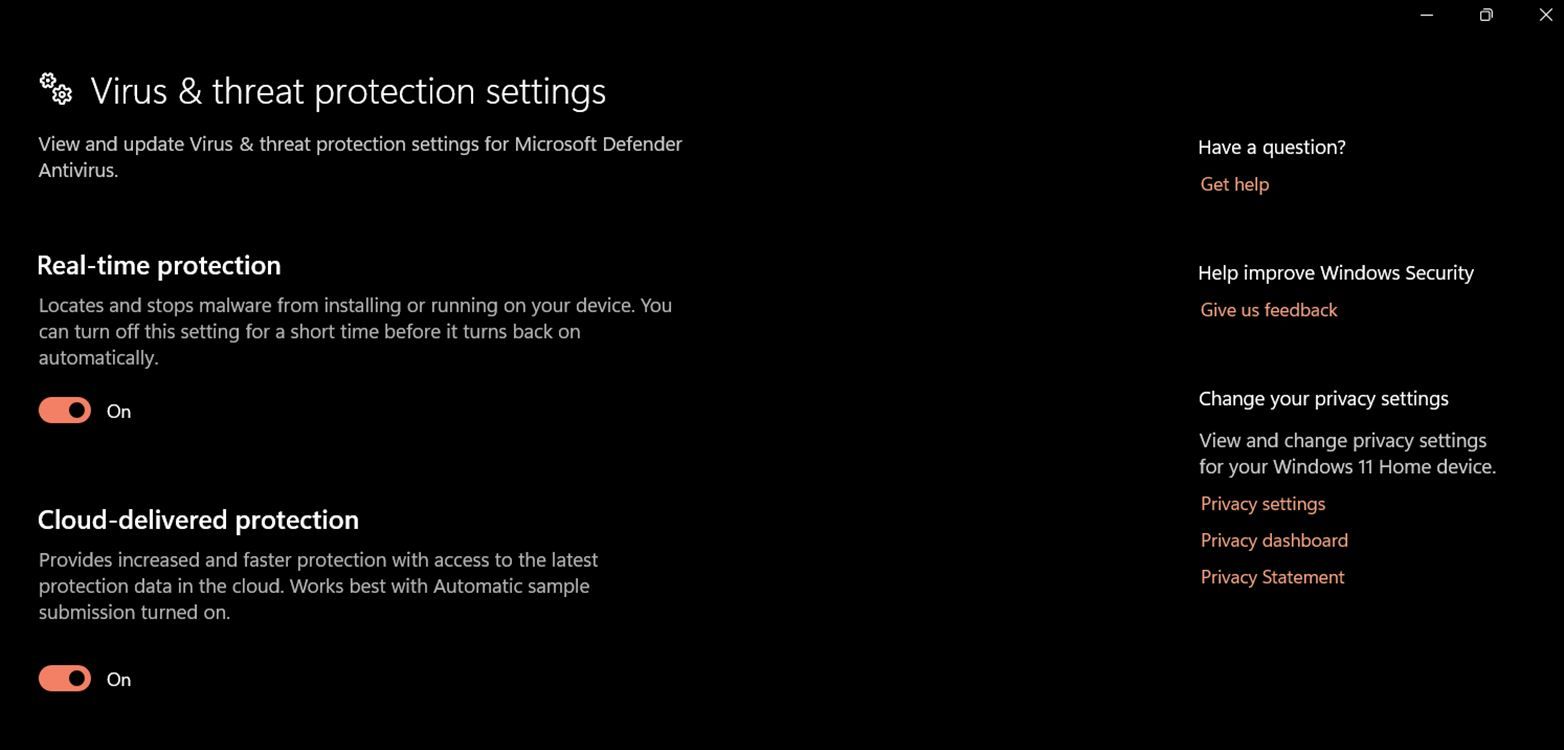 выключение параметра 'Защита в реальном времени' в Windows Security