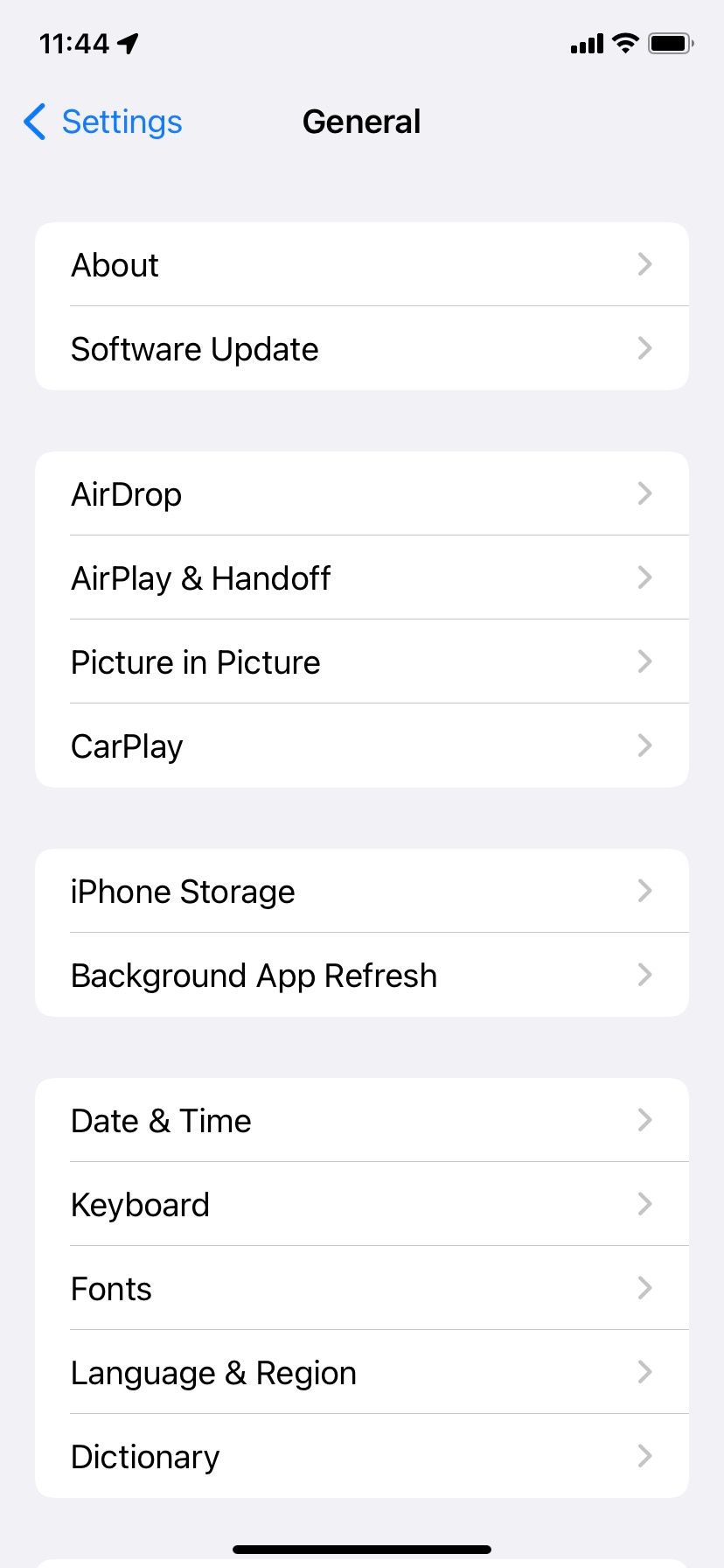 General settings on iPhone.