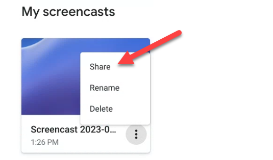 Меню общего доступа в приложении Screencast для отправки ссылки на запись.