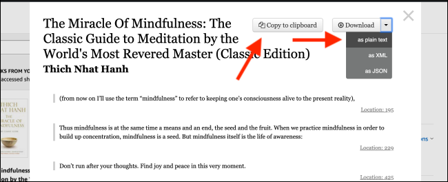 ALT текст: Опции скачивания Bookcision — копировать или скачать как текстовый файл