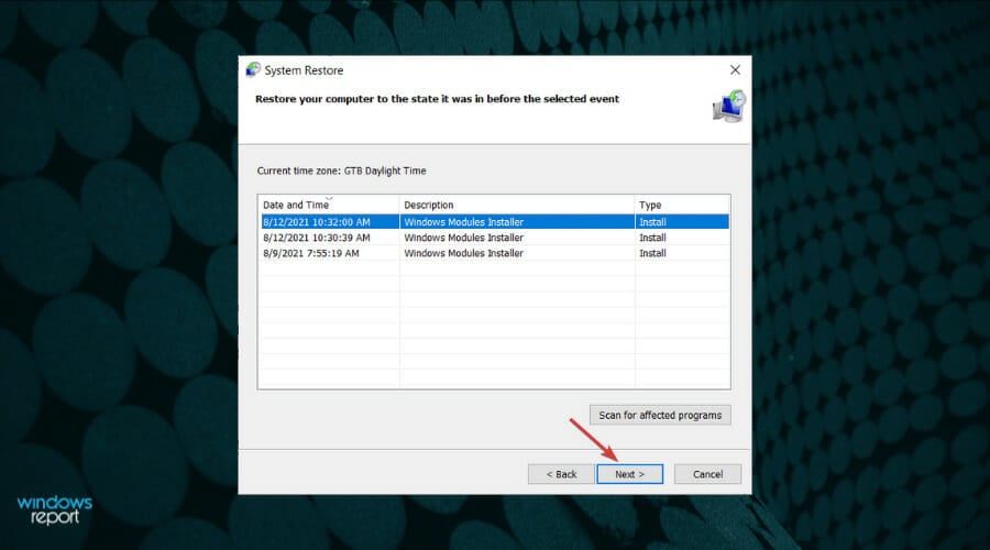 Список точек восстановления — выбор нужной даты