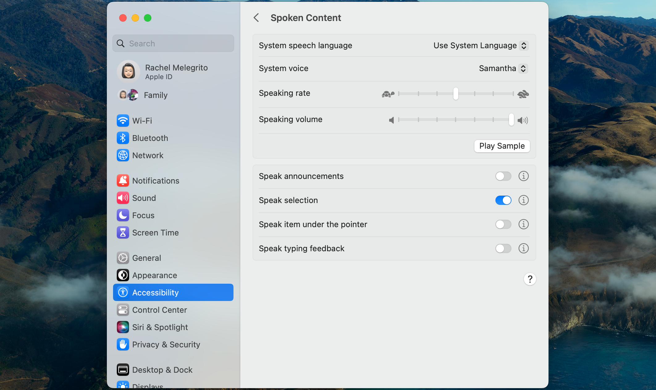 Параметры Синтез речи в Системных настройках macOS