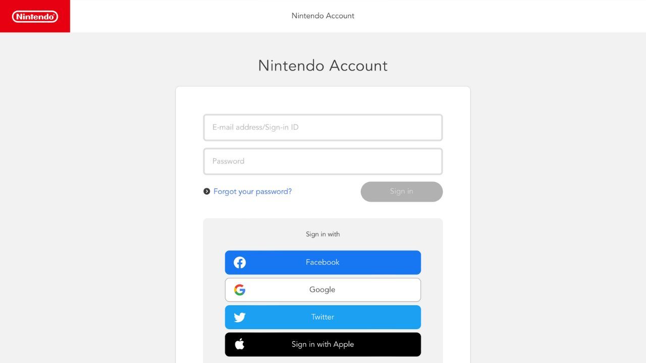 Экран входа в Nintendo Account