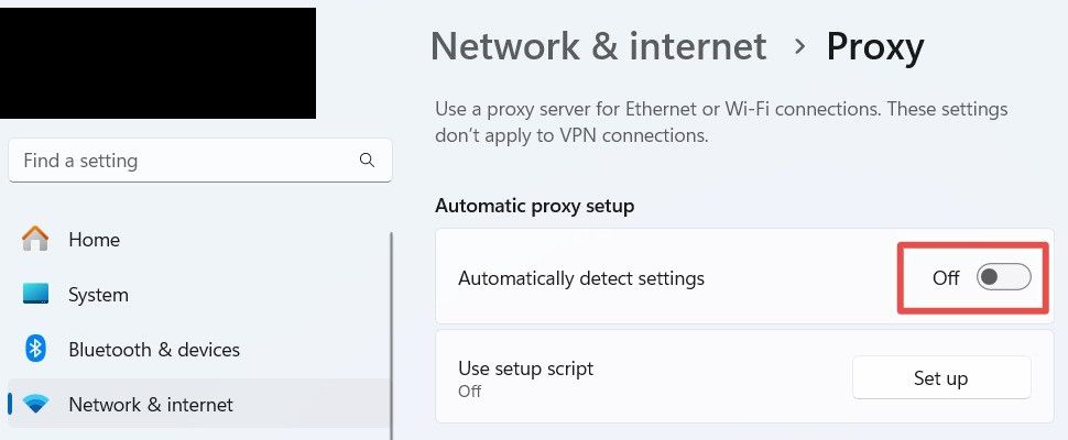 Отключение автоматического определения прокси в Windows.