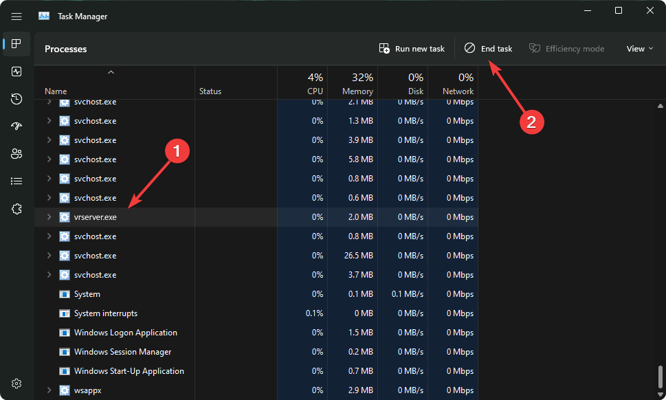 завершение vrserverexe в диспетчере задач