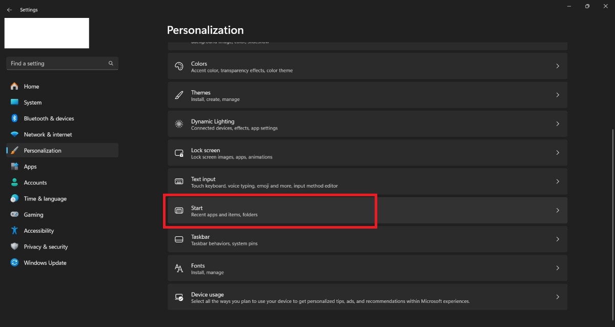 Параметр Пуск в Персонализации Windows 11