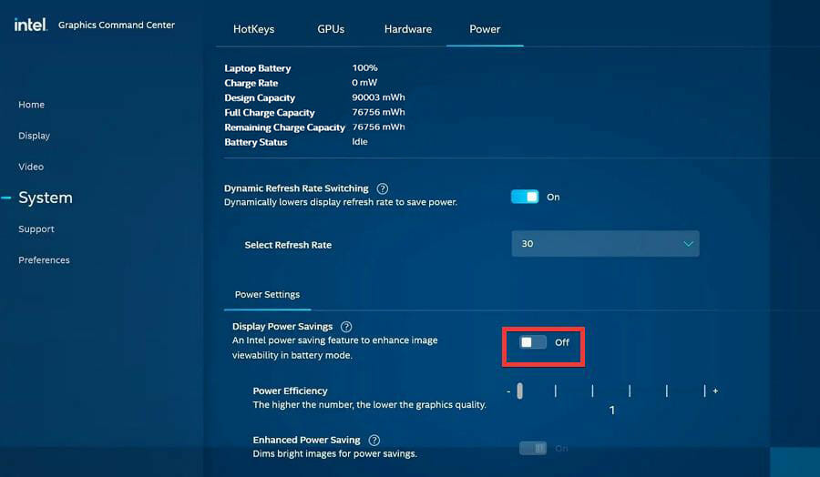 Опция Display Power Savings в Intel Graphics Command Center