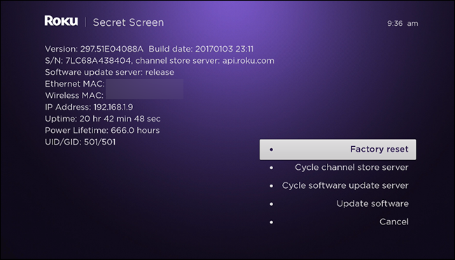 Скрытый экран диагностики Roku с опцией Сброс к заводским настройкам