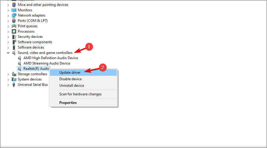 Диспетчер устройств: обновление драйвера Realtek High Definition Audio