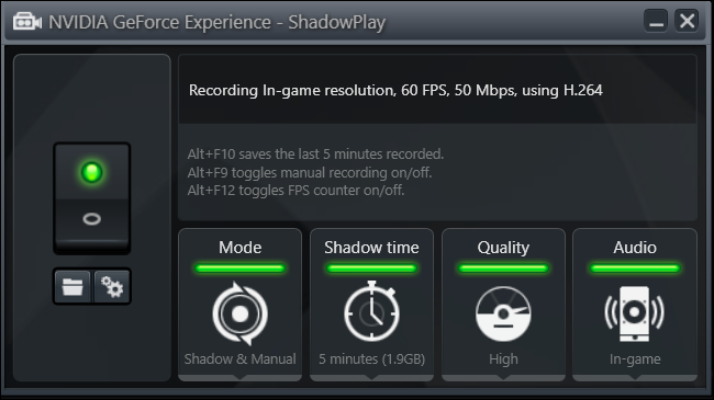 Включение ShadowPlay и проверка статуса: интерфейс приложения