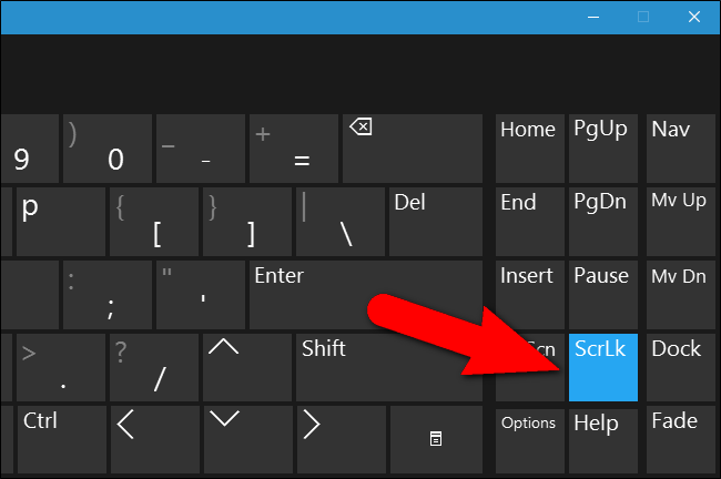 Клавиша ScrLk включена на экранной клавиатуре