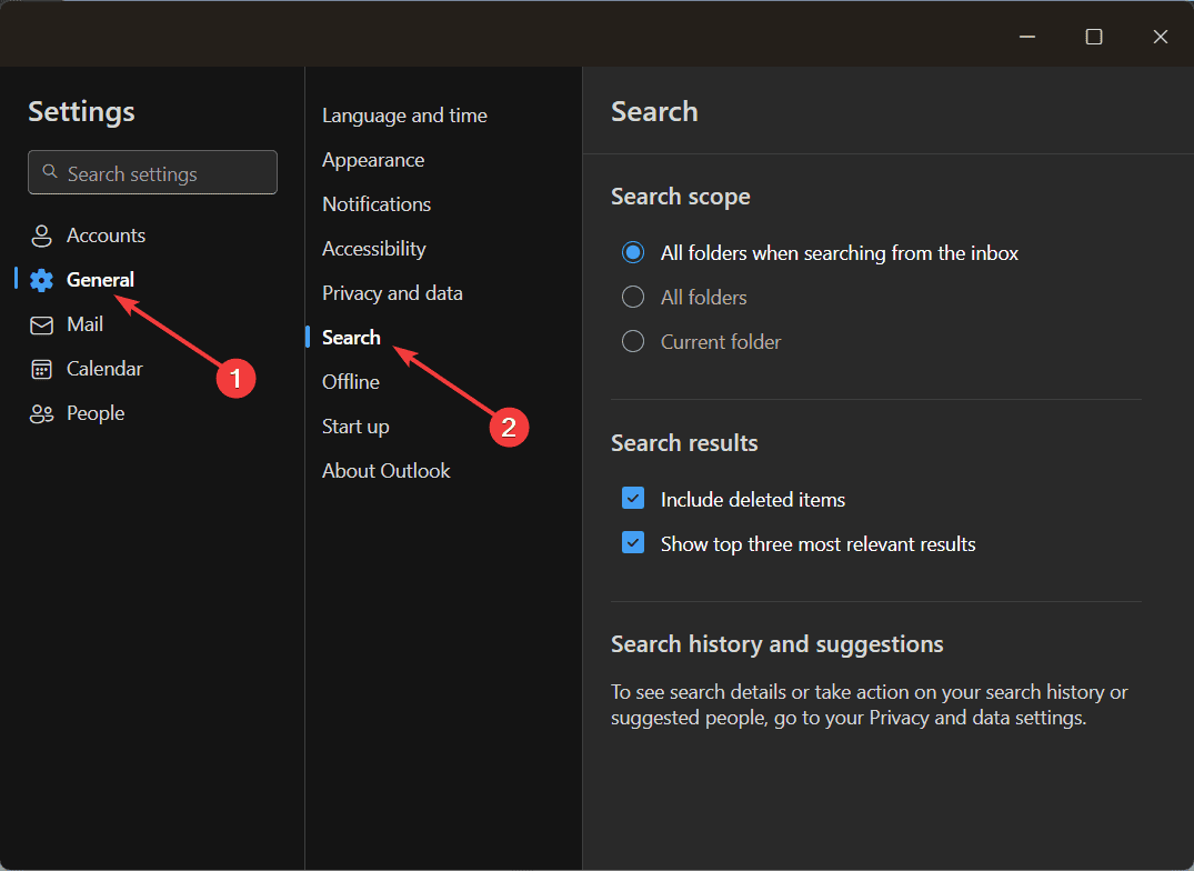 Раздел Поиск в общих настройках нового Outlook