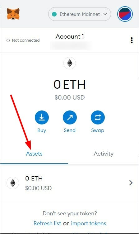 MetaMask не показывает список активов